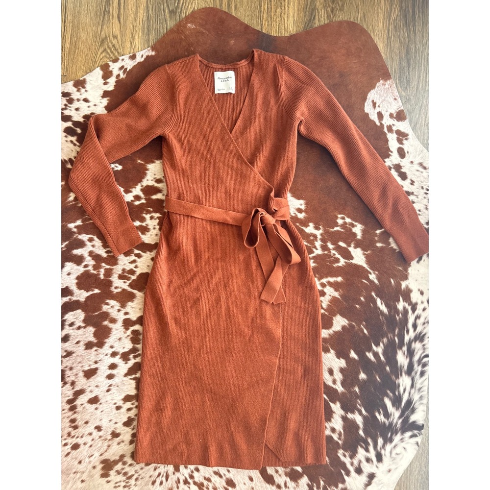 Abercrombie & Fitch Women Rust Ribbed Long Sleeve Sweater Wrap Dress Small